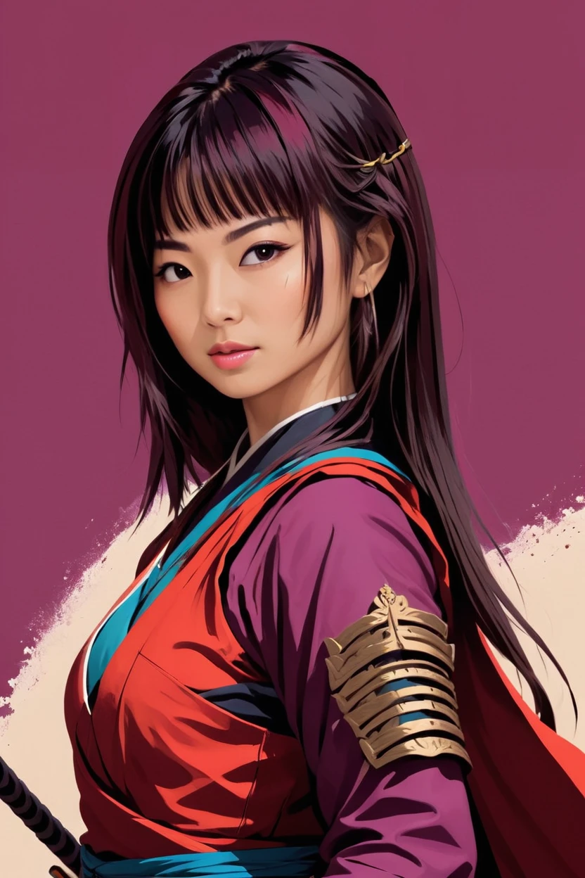 Mujer guerrera japonesa, obra de arte digital, líneas en negrita, vibrante, colores saturados 