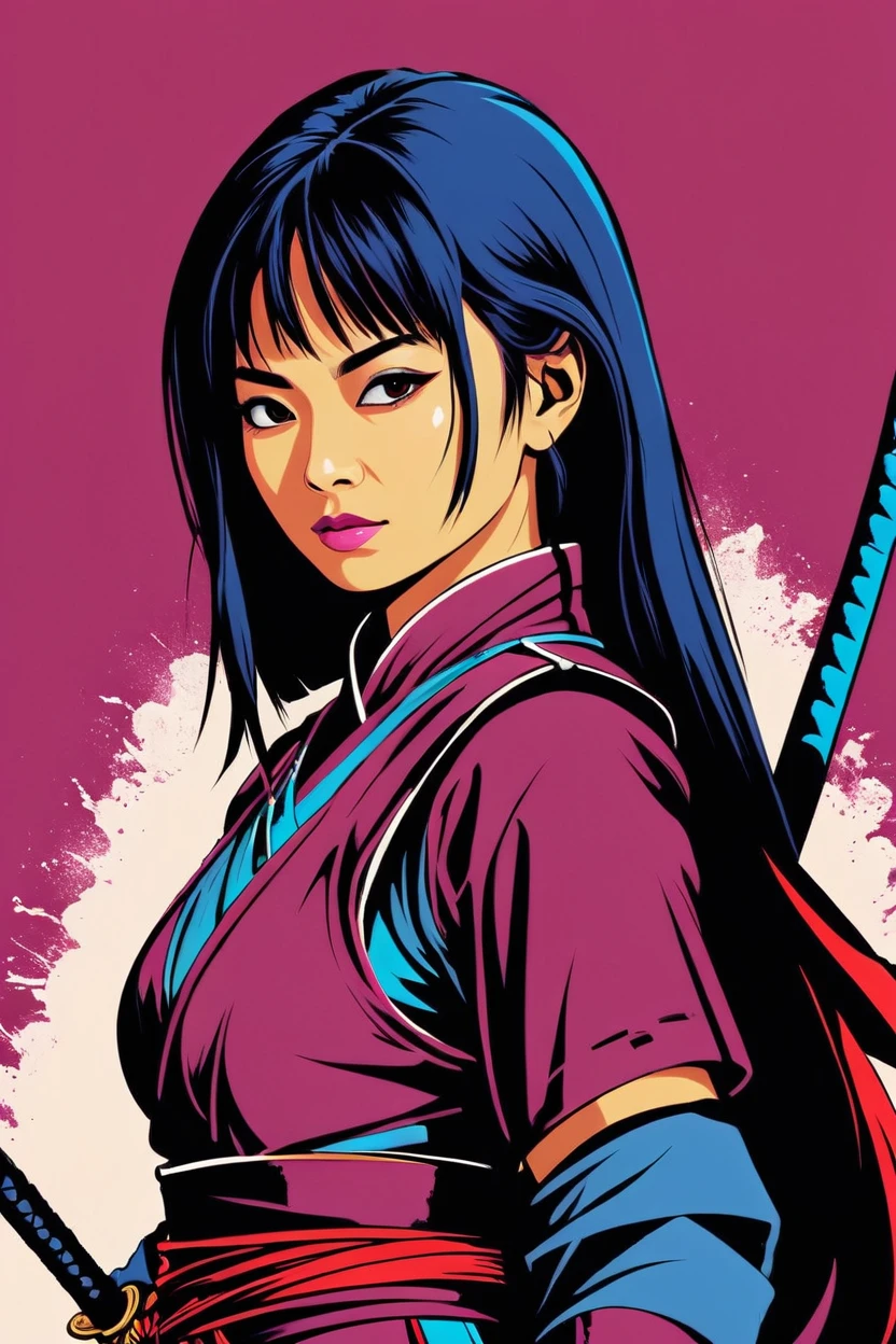 Japanese woman warrior, digital artwork, bold lines, vibrant, saturated colors 