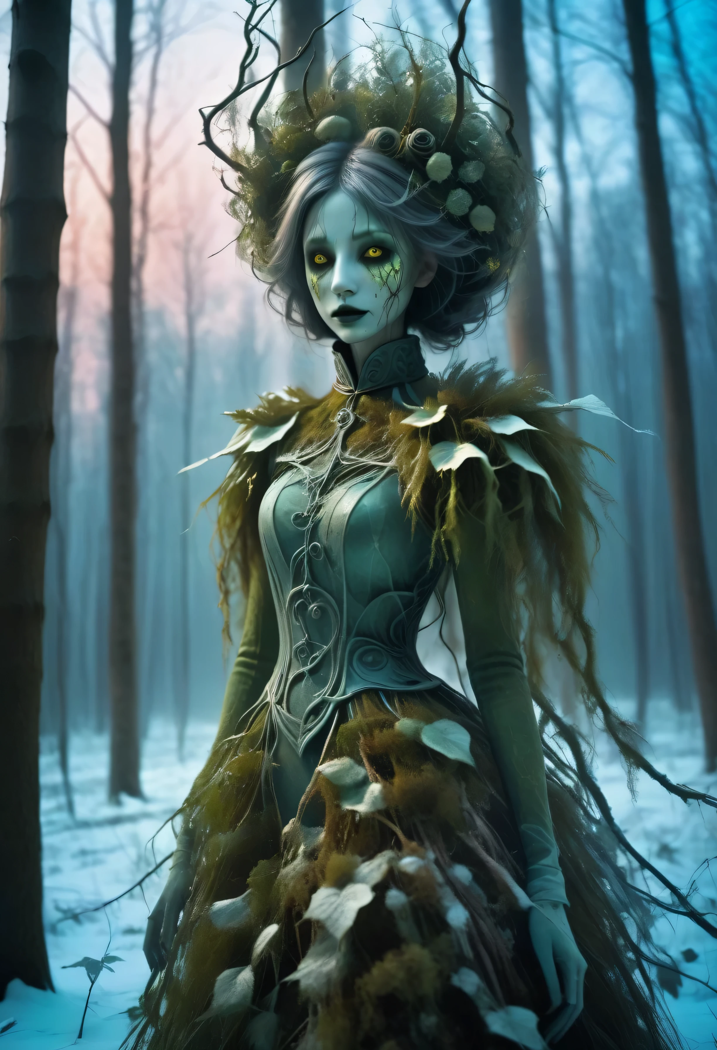 由死去的绿色植物组成的令人毛骨悚然的女孩, 日落时分冬季森林中令人毛骨悚然的树木, 霜, 高饱和度,