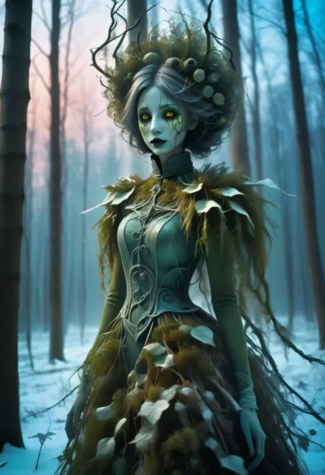 a creepy girl made of dead green plants, creepy trees in a winter forest at sundown, frost, high saturation,
