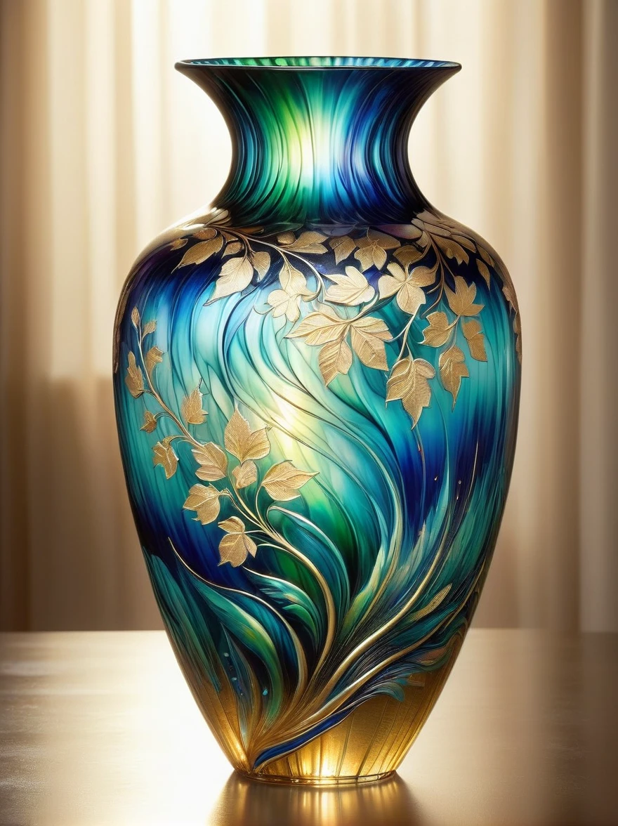 (arte em folha de ouro:1.9), Um vaso delicado feito de vidro Art Murano，Brilhando em vários tons de azul e verde sob o sol dourado da manhã，Os belos padrões no vaso são como curvas graciosas，Como uma melodia em uma dança，Vaso com flores delicadas e coloridas，Como se estivesse sob o encanto encantador da natureza，Eles florescem em um jardim mágico caprichoso。