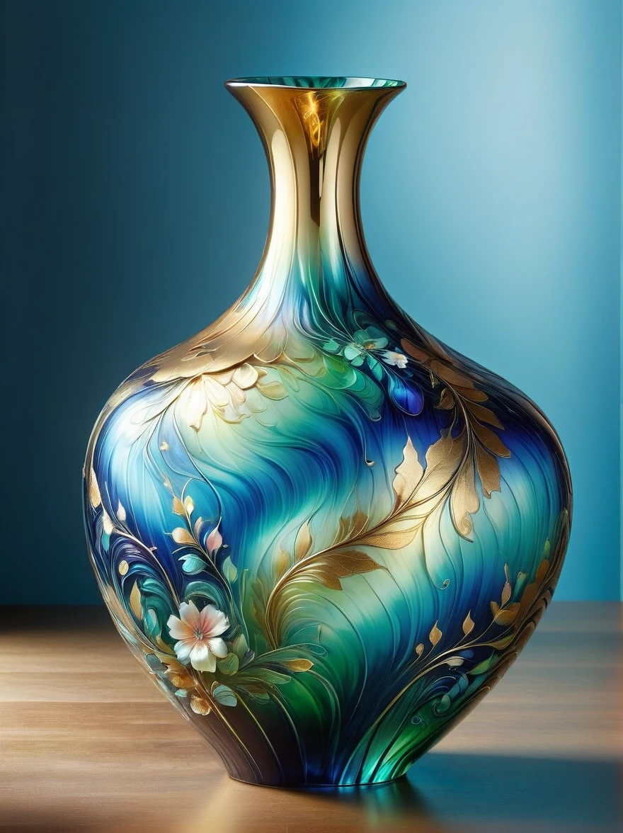 (Blattgold Kunst:1.9), Eine zarte Vase aus Art Muranoglas，Glitzernd in verschiedenen Blau- und Grüntönen in der goldenen Morgensonne，Die schönen Muster auf der Vase sind wie anmutige Kurven，Wie eine Melodie in einem Tanz，Vase mit zarten und bunten Blumen，Wie unter dem bezaubernden Zauber der Natur，Sie erblühen in einem wunderlichen, magischen Garten。