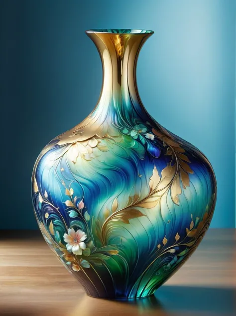 (Gold Leaf Art:1.9), A delicate vase made of Art Murano glass，Glittering in various shades of blue and green in the golden morni...