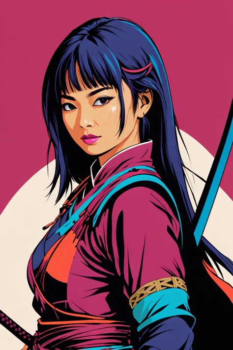 Japanese woman warrior, digital artwork, bold lines, vibrant, saturated colors 