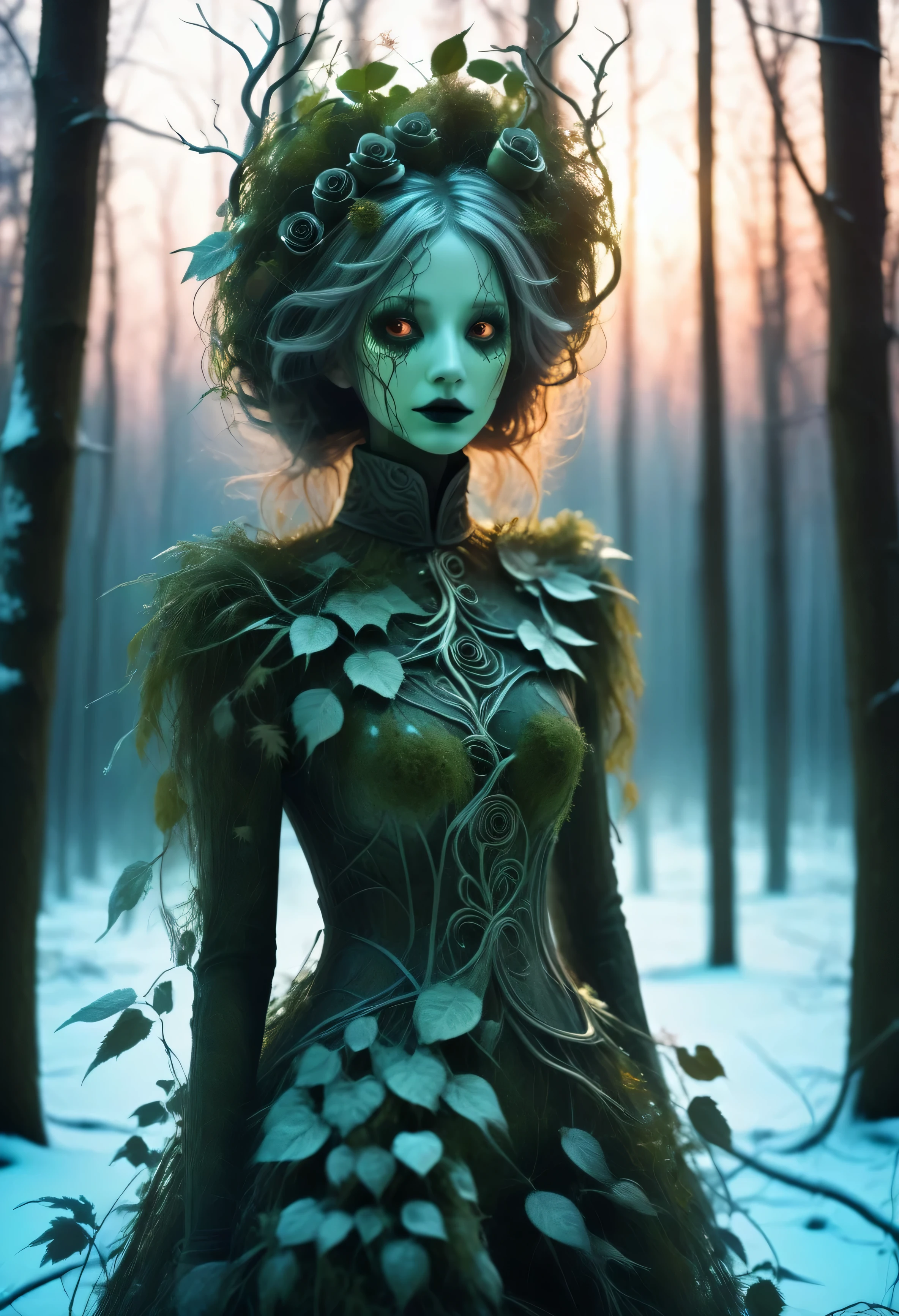 ein gruseliges Mädchen aus toten grünen Pflanzen, Gruselige Bäume in einem Winterwald bei Sonnenuntergang, Frost, hohe Sättigung,