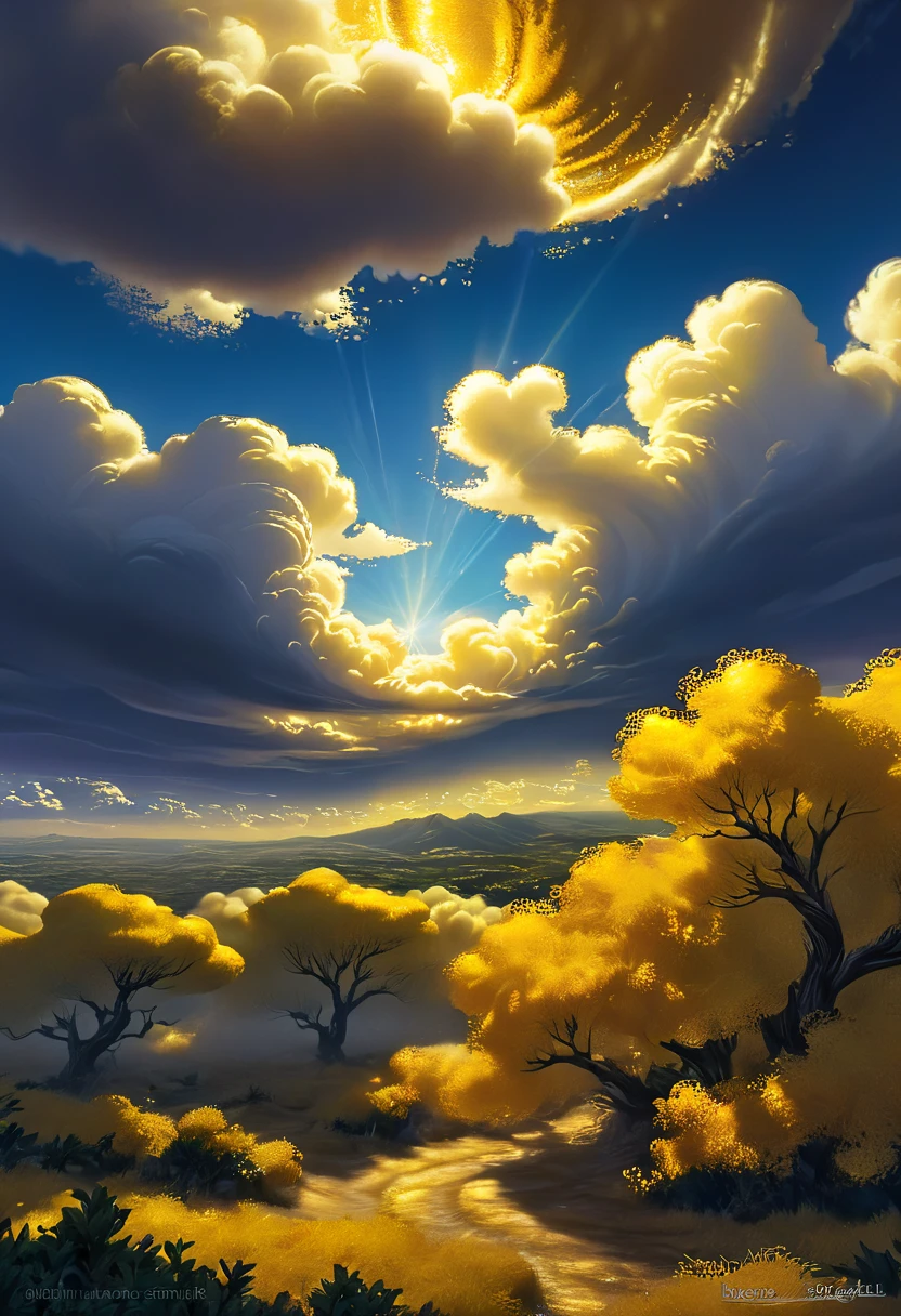 ((Gold leaf art:1.5)), (masterpiece),(Best Quality:1.0), (ultra high resolution:1.0), detailed illustration, Intricate, detailed landscape, Vibrant colors, Sunset, clouds, (( magical, beautiful, from another world, Trees all in gold:1.4 )), (( Best Quality, Vibrant, 32K ,well-defined light and shadows)).