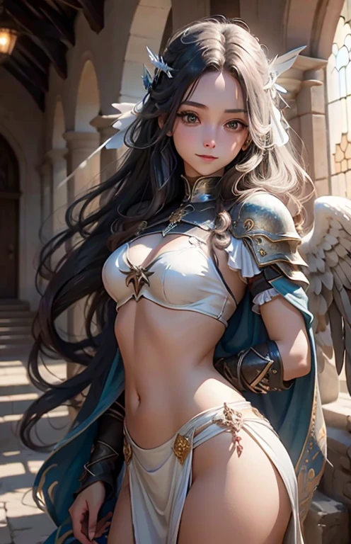 Valkyrie、white wings of an angel.　Wearing an angel diadem from Ragnarok Online　dark blue hair color　black eyes　SMILE　realist　(of the highest quality, 4k, 8k, High resolution, Masterpiece:1.2), super detailed, only, detailed and beautiful eyes, beautiful detailed lips, Very detailed eyes and face, long eyelashes, SMILE&#39;s facial expression, Soft lighting, religious atmosphere, rosary on the chest, Holy Sun, sacred space, Soft sunlight shines through stained glass, Ser angelical, ceremonia solemne, Faith and dedication, The tranquility of the monastery.SMILE　Blue metal bikini armor　wide　15 years　
