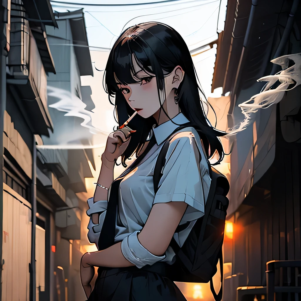 Student, uniform, smoking, white shirt, tie, rebel, slim, backpack, a lot of smoke, flat, black skirt, pretty face, beautiful, long hair, face focus, half closed eyes, relaxed, pale, asian eyes, straight hair, asian, puffy lips, lipgloss, pouty lips