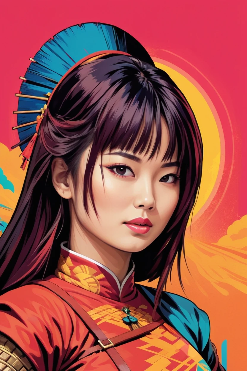 Japanese woman warrior, digital artwork, bold lines, vibrant, saturated colors