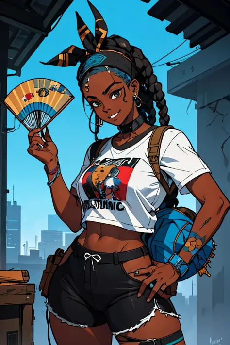 a black girl grafadaptari artist, dj, music, rastas negras y azules, urban, snapback tiene, vigilante, fan art vibrante, mochila...