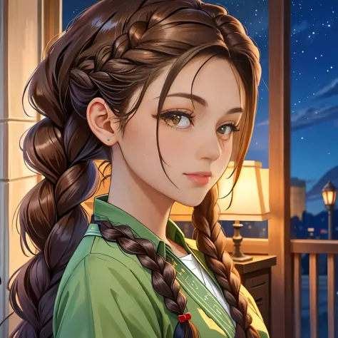 a close up of a woman with long hair in a braid, long braided hair, her hair is in a pony tail, long dark braided hair, long bra...