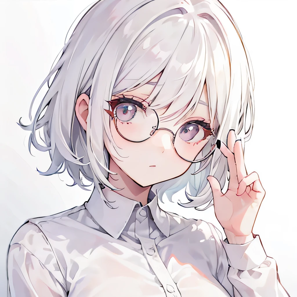 Girly girl, round glasses, white shirt, face close-up, white hair, light white eyes, pure, short hair, (hair over one eye), smart, pencil