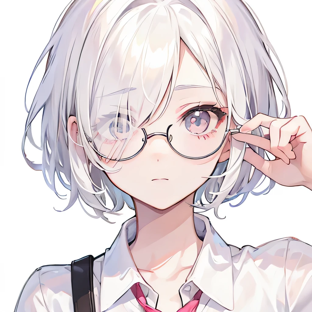 Girly girl, round glasses, white shirt, face close-up, white hair, light white eyes, pure, short hair, (hair over one eye), smart, pencil