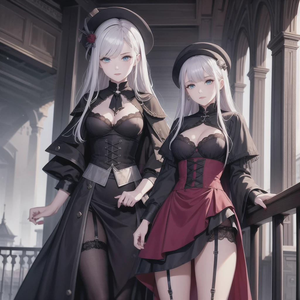 A woman with elements of Lady Maria from Bloodborne, Akiha Tohno, Weiss Schnee, and Scheneee from Synduality, with long shullet-style silver hair with crimson tips, celestial blue eyes, wearing Victorian, nun, and medieval-inspired clothing including a short garter belt and a handkerchief skirt, standing on a balcony overlooking a city with Victorian and medieval futuristic architecture during a night with a blood moon and fog to create an atmosphere of mystery. (a sexy woman with an asymmetric mini skirt slightly revealing ligeramente lingerie underskirt, ), con filtro como si fuera pintado por una acuarela
