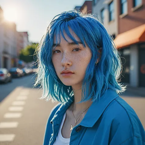 blue hair best anamorphic lens photography 50mm lens freckled woman close-up。in the background, the morning sun shines on her ha...