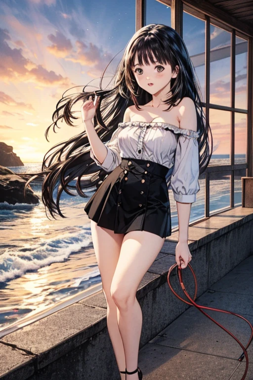 (8K、top-quality、​masterpiece:1.2)、(realisitic、ultra-detailliert、超A high resolution、1 girl,beautifull detailed face,perfect body,((long black hair)),((daytime)),Constriction、(Slim waist) :1.3)、Beautiful detailed skin、Skin Texture、Floating hair、Professional Lighting)(off-shoulder sleeves,cleavage,shirts,mini skirt,thighs),(full body:1.0),long shot,sunset,coast,full face blush,crossing hand back