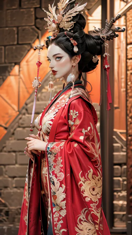 wearing dreamy hanfu。tight，high heel。breast protrusion。breasts are larger than the torso。perfect body，supermodel。 leg rings。good...