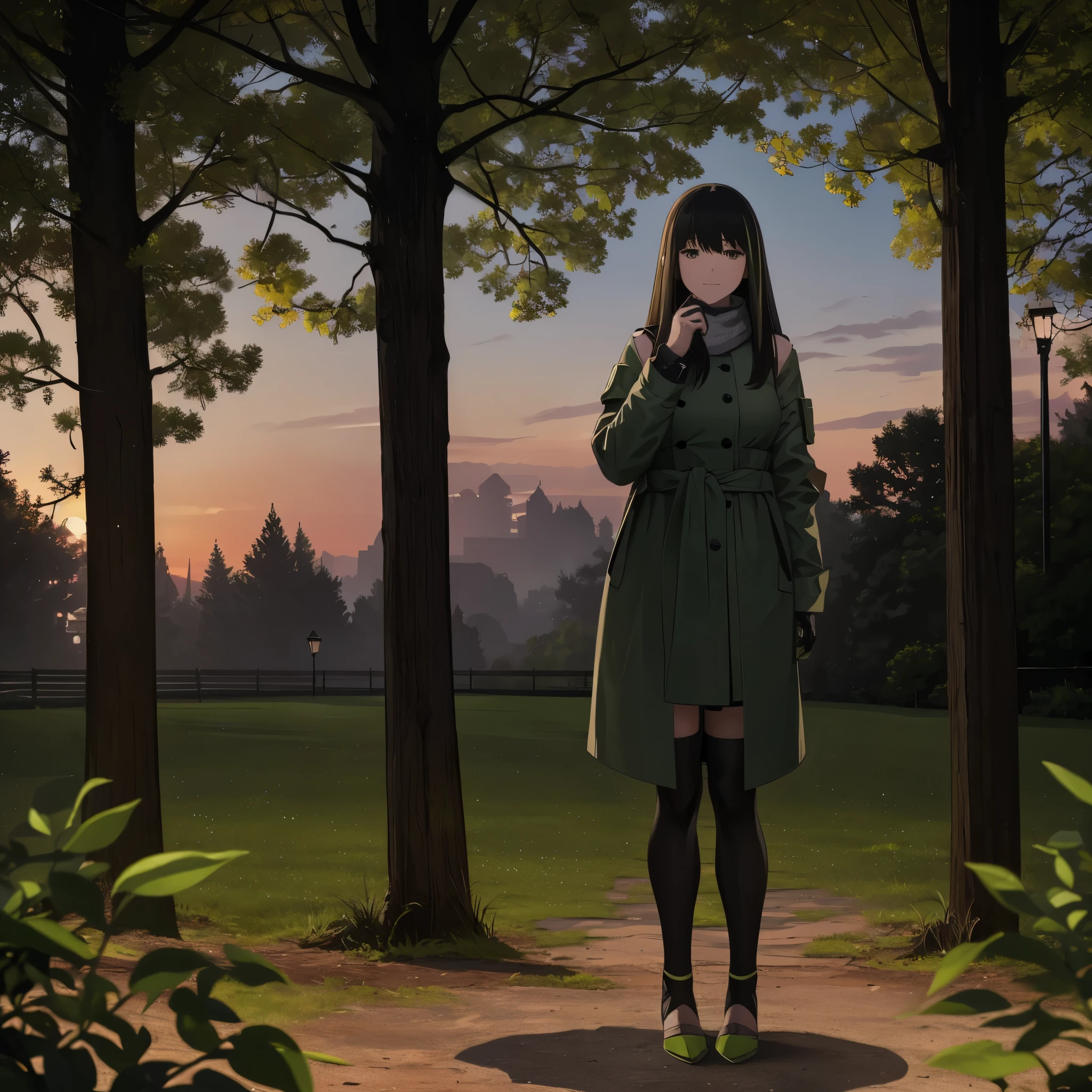 (best quality,4k,8k,highres,masterpiece:1.2),ultra-detailed,(realistic,photorealistic,photo-realistic:1.37),portraits,A woman wearing a black cold coat with green details,black hair with green bangs,brown eyes,smiling,(just a woman),holding an m4a1,in a park at night,colored lights,glowing street lamps,falling leaves,foggy atmosphere,peaceful and serene setting,soft shadows,crisp air,eerie mood,silence of the night,subtle reflections on the ground,dark shades of green,subtle moonlight piercing through the trees,calm and stillness,empty park benches,hushed whispers of the wind,subtle rustling of leaves,calmness in the air,mystery in the darkness.
