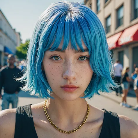 blue haired shaved head best anamorphic lens photography 50mm lens close-up of a woman with freckles。in the background, the morn...