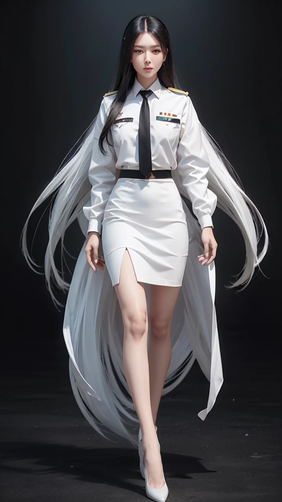 Hermosa chica con cabello de dos metros de largo., pelo largo y negro, usar un traje, (mujeres blancas&#39;traje), (Camisa blanca), (mujeres tailandesas&#39;corbata negra), (insignias de rango militar), (Falda lápiz corta blanca), ajustado, (publicación dinámica), cuerpo completo, (pechos enormes, Cuerpo delgado, cintura pequeña, caderas levantadas, muslos pequeños, piernas largas), Una grieta gigantesca, tacones negros, 