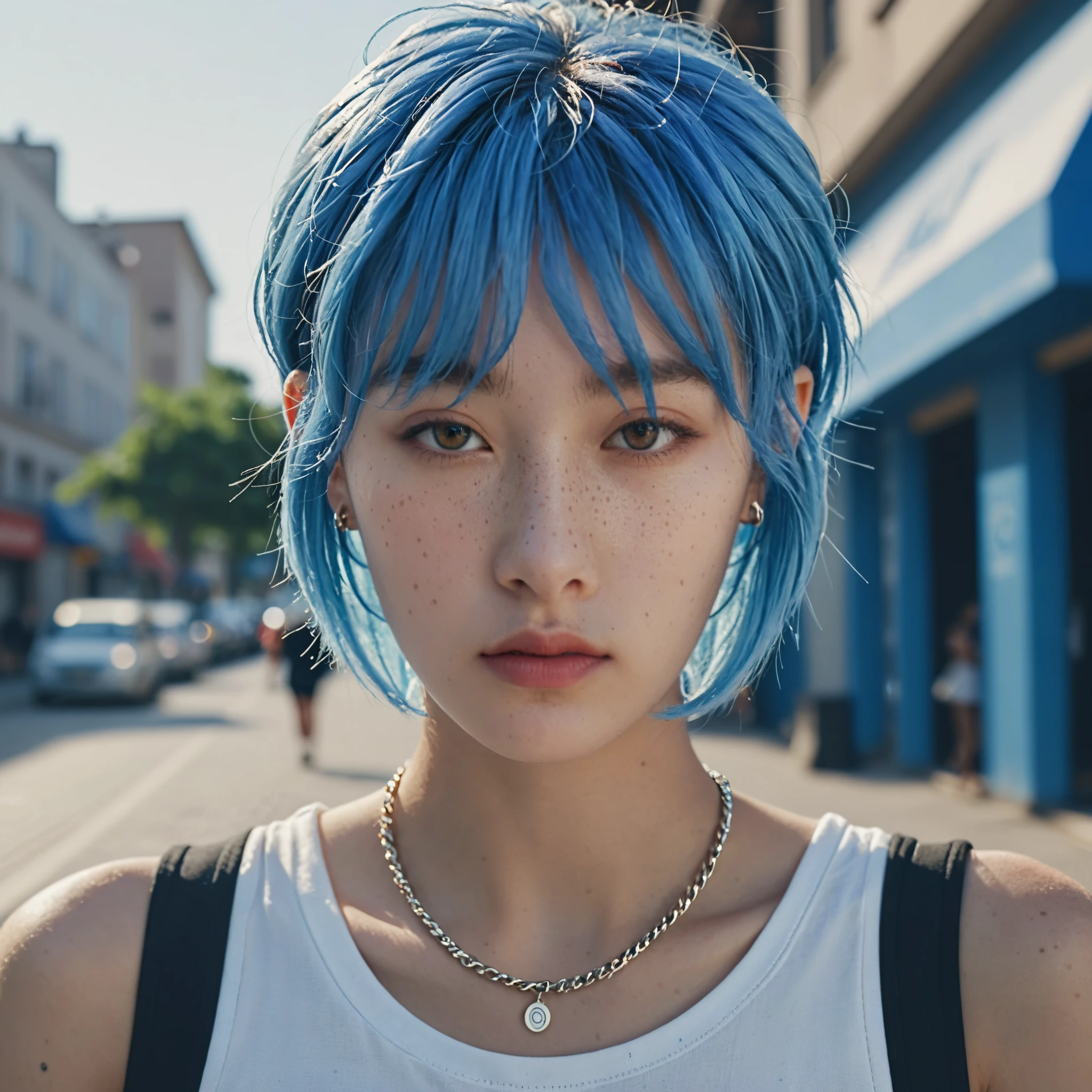 blue shaved hair best anamorphic lens photography 50mm lens close up of freckled woman。In the background, the morning sun shines on her hair.、background is blurry。Hip-hop fashion。fashionable。NIKE sneakers。The whole body is visible。