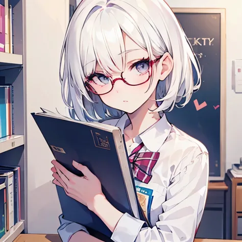 girly girl, round glasses, white shirt, face close-up, white hair, light white eyes, pure, short hair, (hair over one eye), smar...