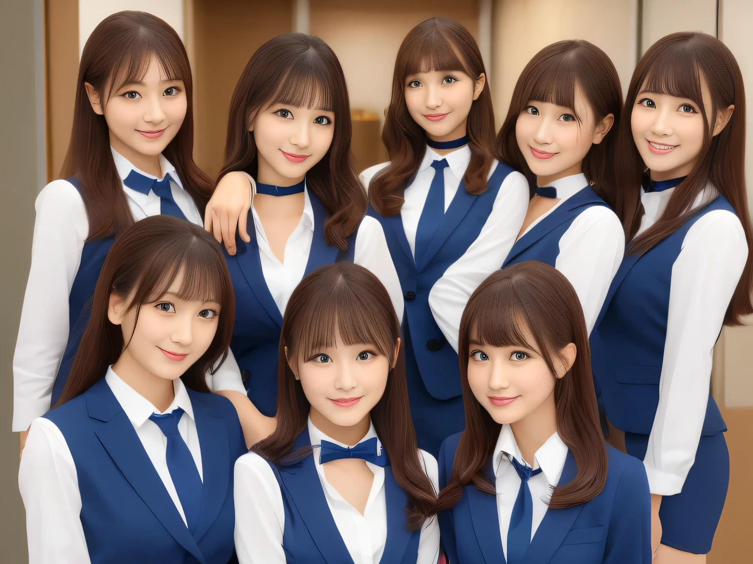 (group photo, multiple girls, Cute Japanese woman with a perfect body, 6 girls), (office ladies),  (masterpiece, high quality:1.2), big breasts, Office Suits, (smile), (office), highly detailed face, navy suit、break, ((black choker, big breasts, blue eyes, long eyelashes)), uniform, smile、bangs, Bright white skin, grace, Transparent air, (8k RAW photo:1.1), Natural light, 6Women, japanese idol