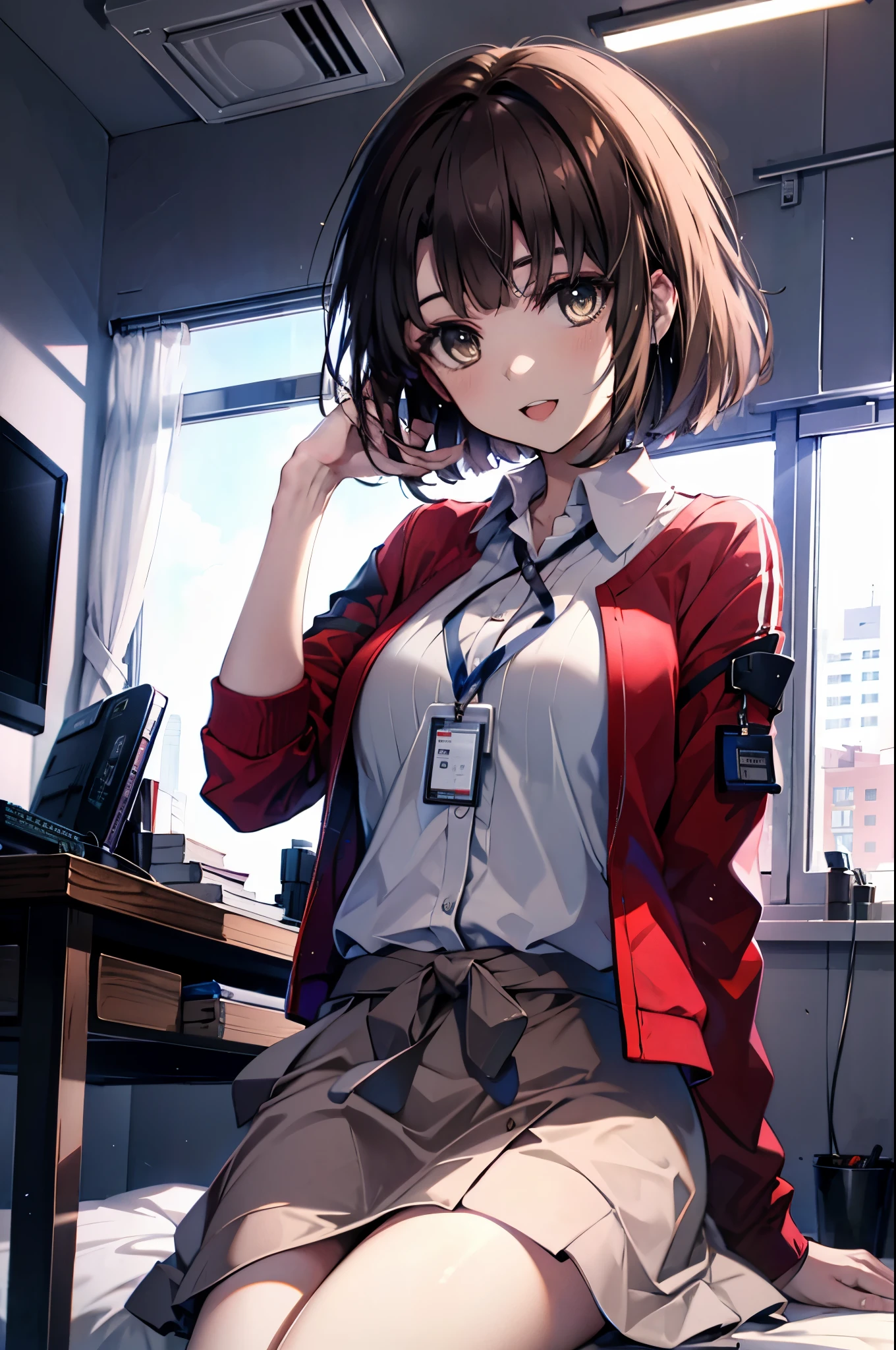 katoumegumi, megumi katou, brown hair, short hair, (brown eyes:1.5),happy smile, smile, open your mouth,OL, red glasses, end, black suit jacket, collared jacket, white dress shirt, collared shirt, neckline, button, strap, ID card on neck, black pencil skirt, black pantyhose,stiletto heels,sitting cross-legged on a chair,There is a computer on the desk,touch typing,インテリア
break looking at viewer,(cowboy shot:1. 5)
break indoors, office,
break (masterpiece:1.2), highest quality, High resolution, unity 8k wallpaper, (shape:0.8), (fine and beautiful eyes:1.6), highly detailed face, perfect lighting, Very detailed CG, (perfect hands, perfect anatomy),