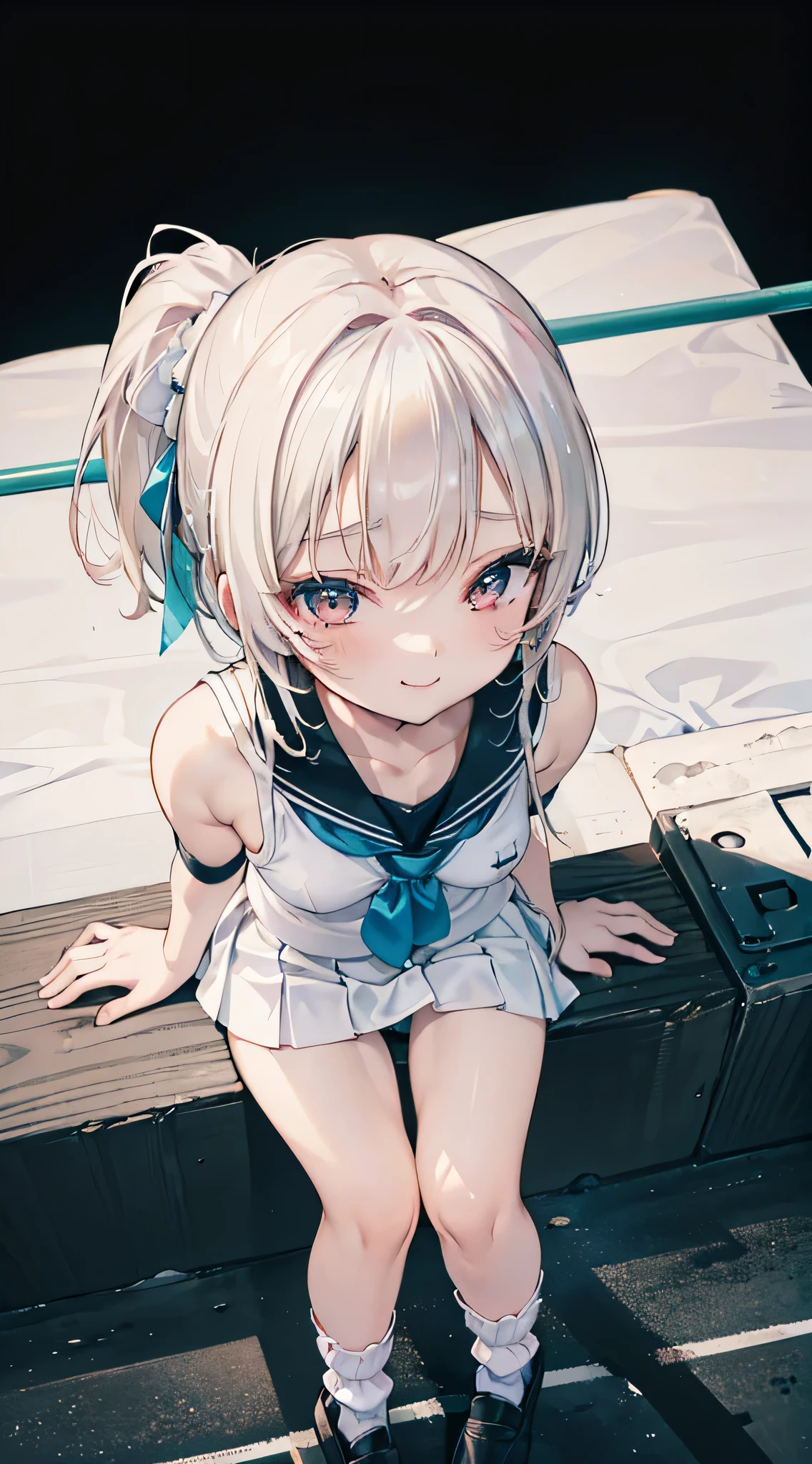 Anime girl sitting on a bench with her legs crossed - SeaArt AI