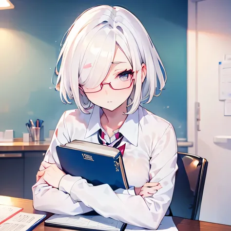 girly girl, round glasses, white shirt, face close-up, white hair, light white eyes, pure, short hair, (hair over one eye), smar...