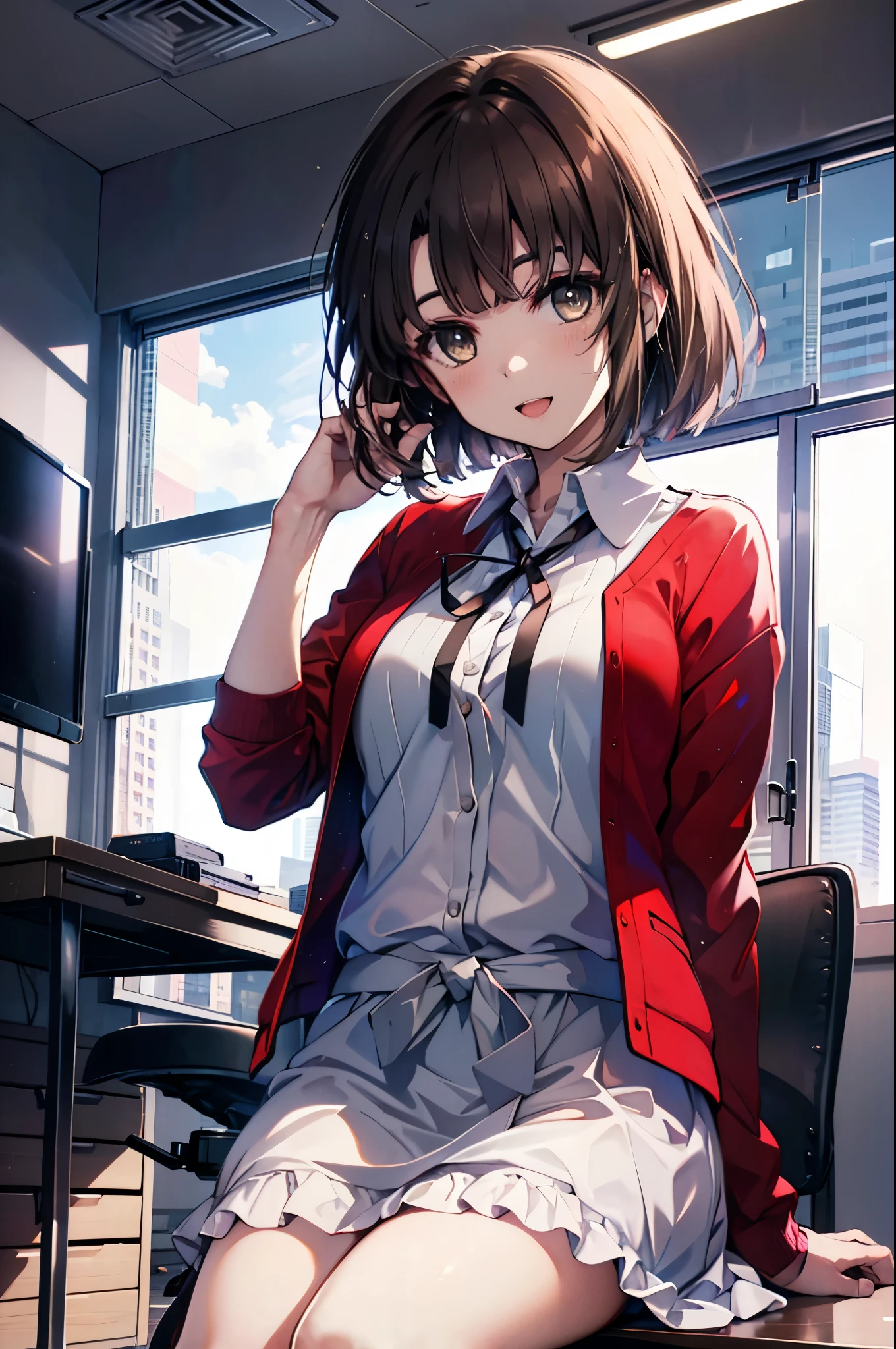 katoumegumi, megumi katou, Pelo castaño, cabello corto, (Ojos cafés:1.5),happy sonrisa, sonrisa, abre la boca,OL, gafas rojas, fin, Chaqueta de traje negra, Chaqueta con cuello, camisa de vestir blanca, camisa de cuello, escote, botón, Correa, Tarjeta de identificación en el cuello., falda lápiz negra, pantimedias negras,tacones de aguja,sentado con las piernas cruzadas en una silla,Hay una computadora en el escritorio,Escritura táctil,Pausa interior mirando al espectador.,(tiro de vaquero:1. 5)
romper en el interior, oficina,
break (obra maestra:1.2), de la máxima calidad, Alta resolución, fondo de pantalla de unidad 8k, (forma:0.8), (ojos finos y hermosos:1.6), Cara muy detallada, Iluminación perfecta, CG muy detallado, (manos perfectas, anatomía perfecta),