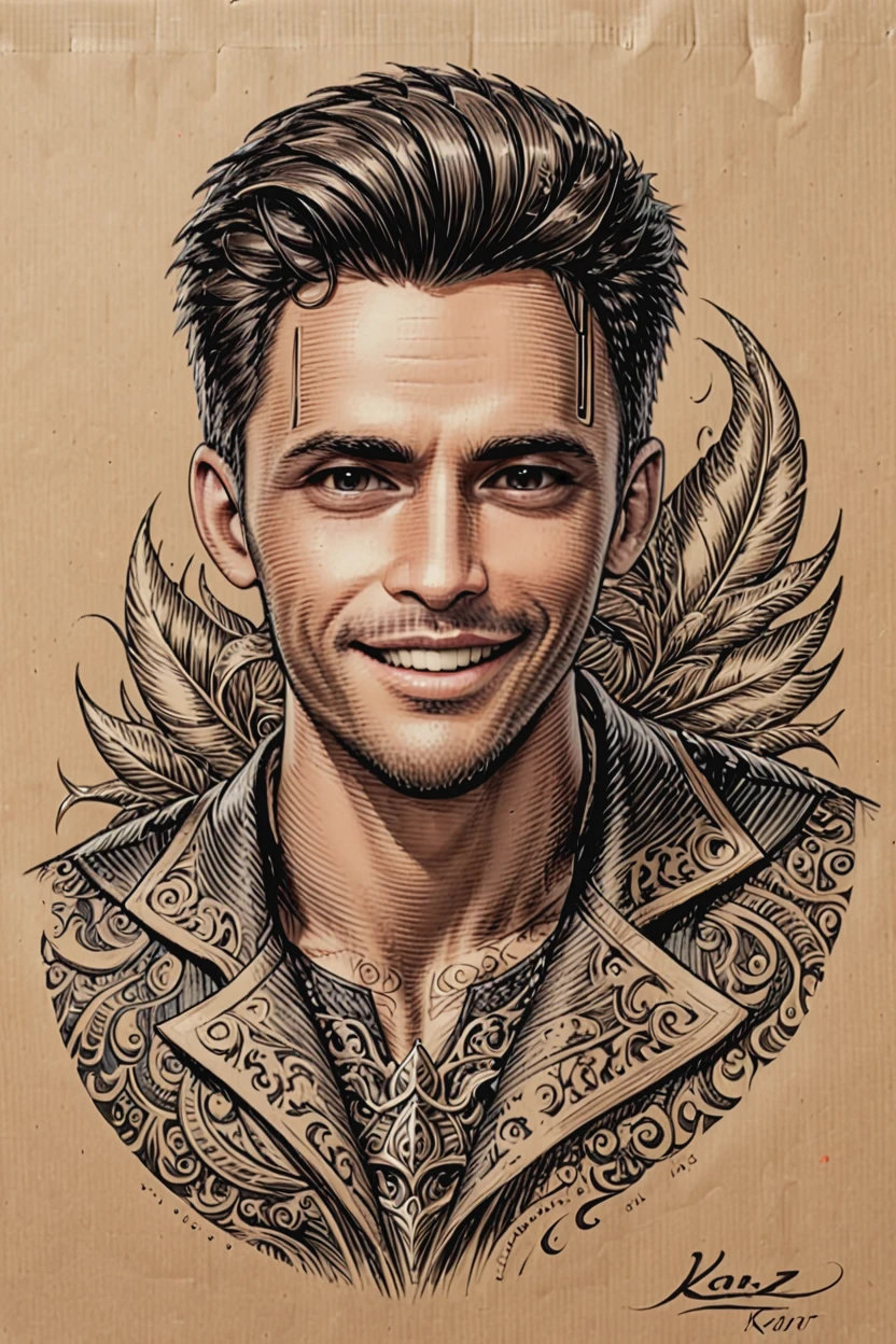 Black and brown drawing of an outdoor man,sly smile from under forehead, on kraft paper, Karl Kopinski, fantasy, highly detailed, Vlop and Krenz Cushart, ornate detailing, Jean-Sebastian Rossbach, James Gene,ebes