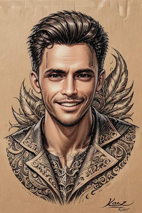 Black and brown drawing of an outdoor man,sly smile from under forehead, on kraft paper, Karl Kopinski, fantasy, highly detailed...