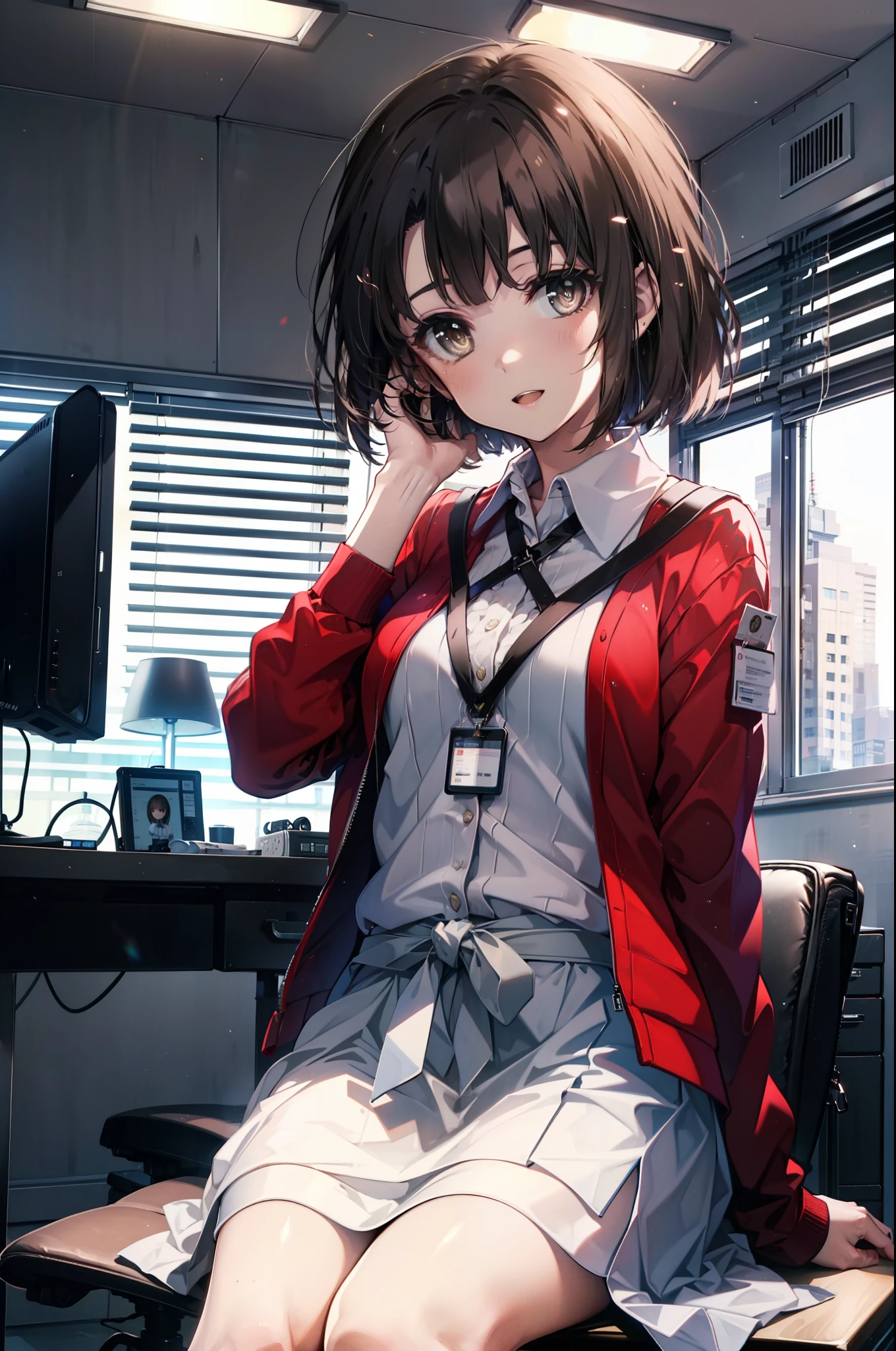 katoumegumi, megumi katou, Pelo castaño, cabello corto, (Ojos cafés:1.5),happy sonrisa, sonrisa, abre la boca,OL, gafas rojas, fin, Chaqueta de traje negra, Chaqueta con cuello, camisa de vestir blanca, camisa de cuello, escote, botón, Correa, Tarjeta de identificación en el cuello., falda lápiz negra, pantimedias negras,tacones de aguja,sentado con las piernas cruzadas en una silla,Hay una computadora en el escritorio,Escritura táctil,Pausa interior mirando al espectador.,(tiro de vaquero:1. 5)
romper en el interior, oficina,
break (obra maestra:1.2), de la máxima calidad, Alta resolución, fondo de pantalla de unidad 8k, (forma:0.8), (ojos finos y hermosos:1.6), Cara muy detallada, Iluminación perfecta, CG muy detallado, (manos perfectas, anatomía perfecta),