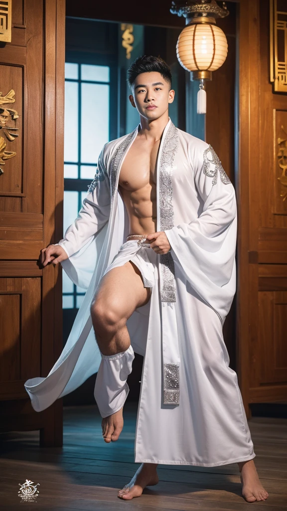 Handsome guy, 25 years old, Asian, handsome kpop idol, master work, realistic, best picture quality, higher quality, high detail, super high resolution, 8k resolution, perfect eyes, perfect skin, perfect hands, big muscles, big breast muscle tattoos, glowing eyes, short hair, hair details, detailed background , open ancient Hanfu transparent tulle jacket, ((white clothes with silver decoration)), Chinese garden background, Chinese kung fu, dragon-themed costumes, monk robes, spinning floating particles, chinese temple in background, looking at viewer, naked full body, big long dick masturbate, open legs.