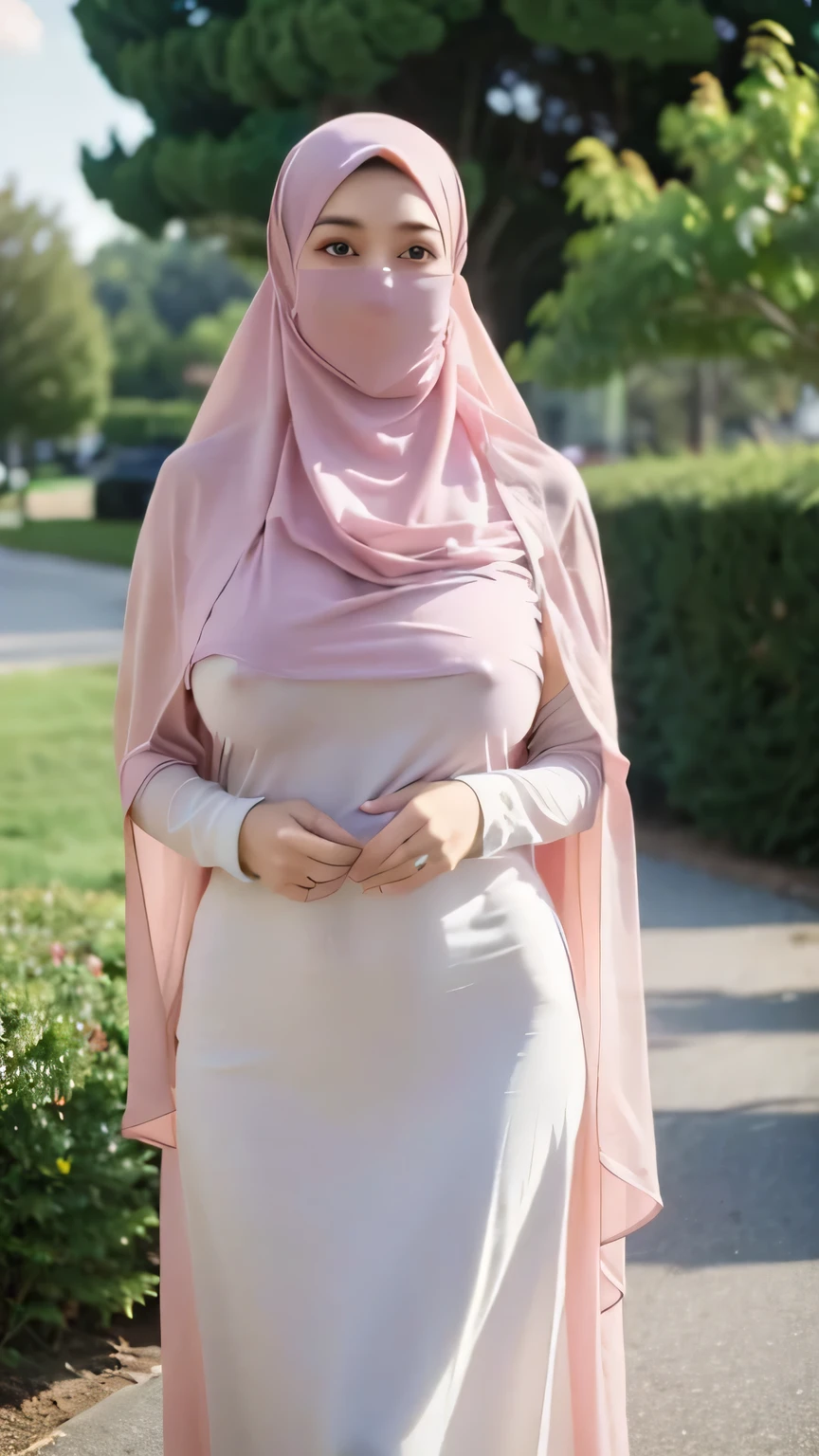 A woman in a pink hijab is standing on a sidewalk - SeaArt AI