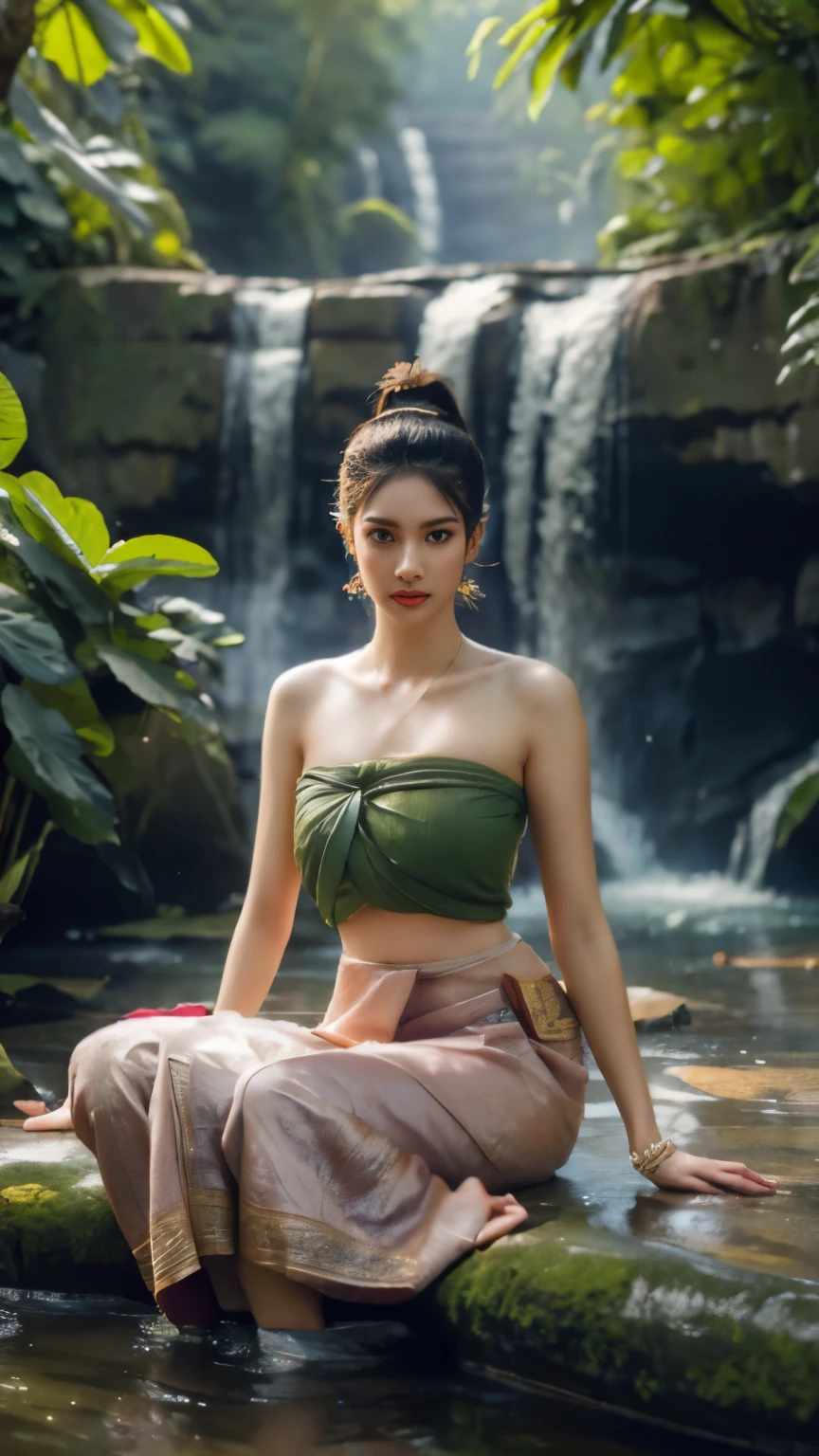 masterpiece, highest quality, HDR, high contrast,    ((beautiful girl, Thai Female Soldier)),   long ponytail hair,  highly detailed lips,     detailed eyes,     double eyelid,    Make-up face.

((flchut thai dresses, strapless shirts)),

Long legs_full body.     Sit down.    at the edge of the waterfall