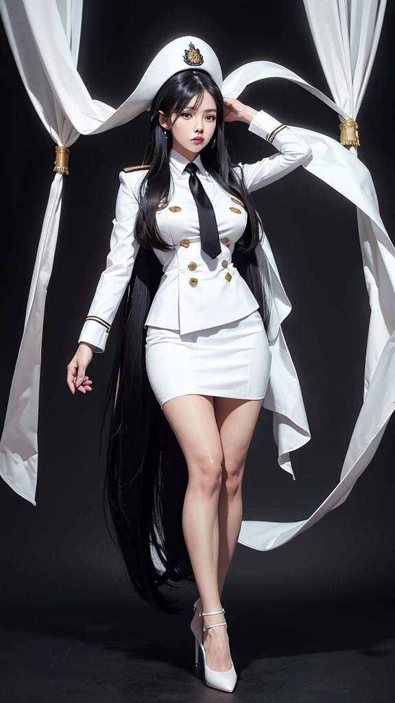 Beautiful girl with two meter long hair, long black hair, (white women&#39;s suit), (white shirt), (Thai women&#39;s black necktie), wearing a white women&#39;s suit, Wear a suit over the outside., (Military rank insignia), (Short white pencil skirt), tight, (dynamic post), full body, (Huge breasts, thin body, small waist, hips raised, small thighs, Long legs), A gigantic rift, black high heels,