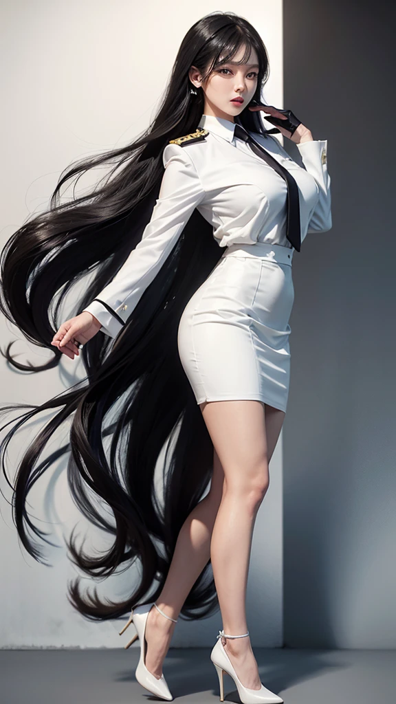 Beautiful girl with two meter long hair, long black hair, (white women&#39;s suit), (white shirt), (Thai women&#39;s black necktie), wearing a white women&#39;s suit, Wear a suit over the outside., (Military rank insignia), (Short white pencil skirt), tight, (dynamic post), full body, (Huge breasts, thin body, small waist, hips raised, small thighs, Long legs), A gigantic rift, black high heels,