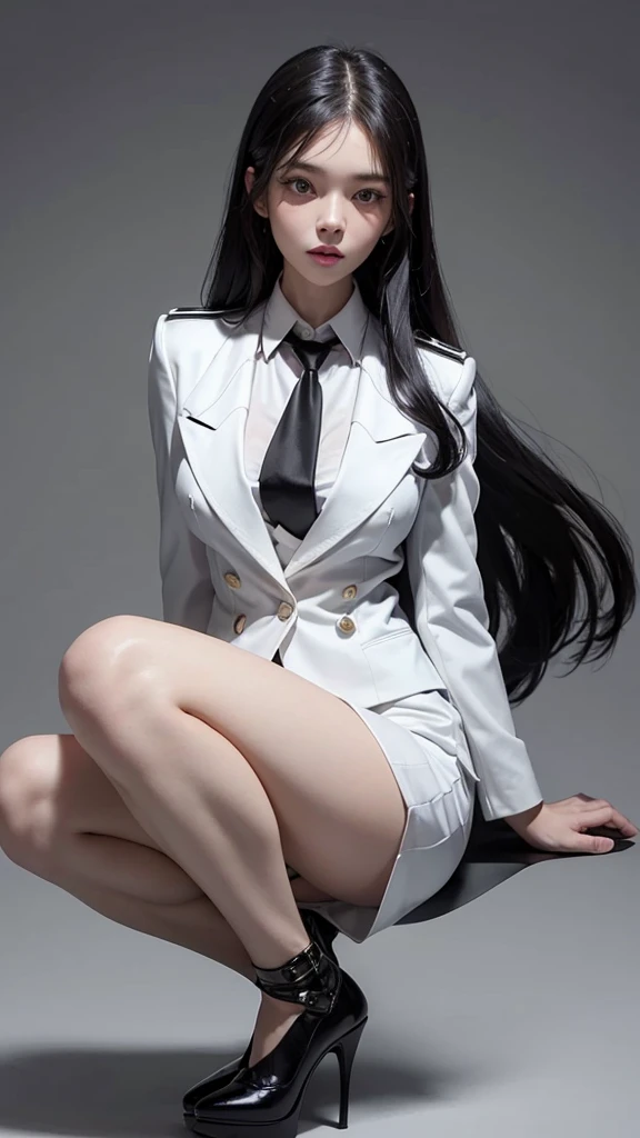 Beautiful girl with two meter long hair, long black hair, (white women&#39;s suit), (white shirt), (Thai women&#39;s black necktie), wearing a white women&#39;s suit, Wear a suit over the outside., (Military rank insignia), (Short white pencil skirt), tight, (dynamic post), full body, (Huge breasts, thin body, small waist, hips raised, small thighs, Long legs), A gigantic rift, black high heels,