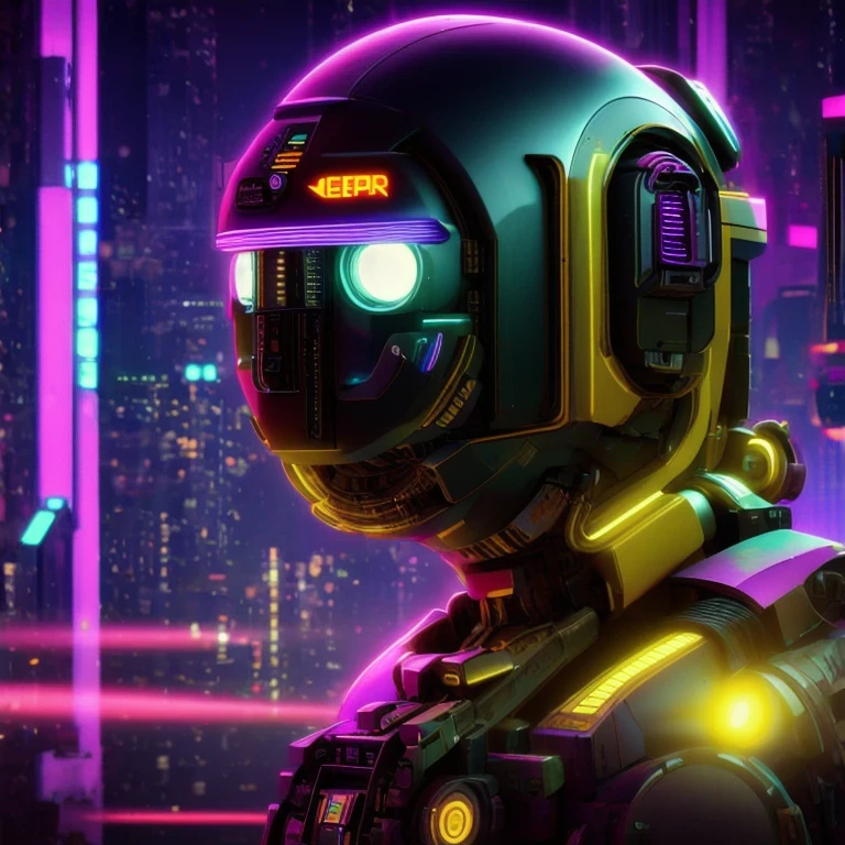 Tard dans la nuit，lampe cyberpunk（（（vue de côté）））Gros plan latéral，un gros plan d&#39;un robot avec une tête brillante et un fond violet, cybermécanique, in style of bip, pikachu cyberpunk, style hybrid mix of bip, 3 d render bip, joli robot épique élaboré, bip masterpiece, style artistique cyberpunk, robot jaune, bip!!, cyber steampunk 8k 3j（（（avenir）））（Angle de vue du téléobjectif）（basculement）