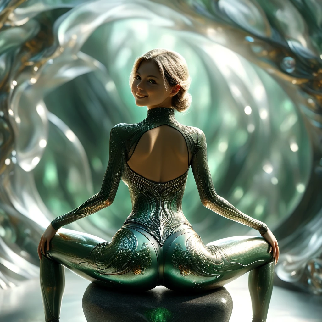 1girl, ass，sit astride， shiny legging， back view，Axisymmetric composition，gold，swirl，anatomically correct，future science fiction，Fractal background，Looking back and smiling，beautiful，(Best quality,4K,8K,A high resolution,Masterpiece:1.2), (Realistic,Photorealistic,photo-realistic:1.37),（lotus） BREAK Sun exposure, reverberation, Experimental photography, surreal contrast, Eye-catching visuals, Artistic abstraction, Break the art of cutting, layered silhouette, complex patterns, exquisite craftsmanship, shadow play, Depth and size, creative expression, break art, Frozen sculpture, translucent forms, short-lived beauty, Crystal structure, exquisite craftsmanship, impressive, break green eye,body glow，Glowing lines，fluorescence,glow example，Example tracking，flash，萤light particles，Backlight，Translucent，light particles