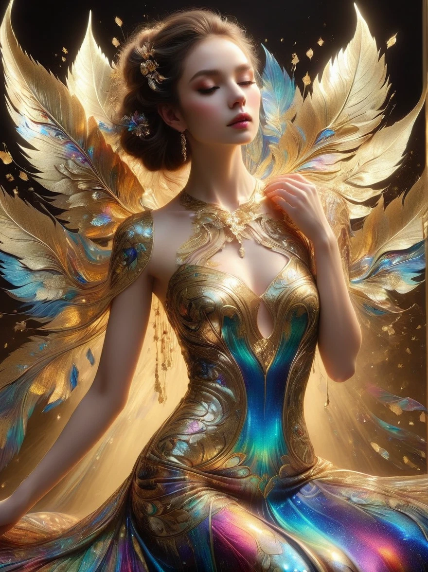 (Blattgold Kunst:1.5), Ein Foto von einem exquisiten Kleid，Sein Design ist von der Kunst des Glases beeinflusst, das mit hellen Farben und reichen Mustern vergoldet ist.，Dieses Kleid hat ein Spektrum an goldenem Glanz，Der Reichtum der Kathedralenfenster、Tief metallisch goldener Ton，Diese kreative Fusion aus Mode und Kunst，Ein Kaleidoskop von metallischen Goldtönen fließt über den Stoff，Vermittelt ein Gefühl von leuchtendem Licht durch die Goldfolie，Das Kleid wurde von einer anderen Gruppe von Models getragen，Jedes Modell unterstreicht die Schönheit und Einzigartigkeit des Kleides。