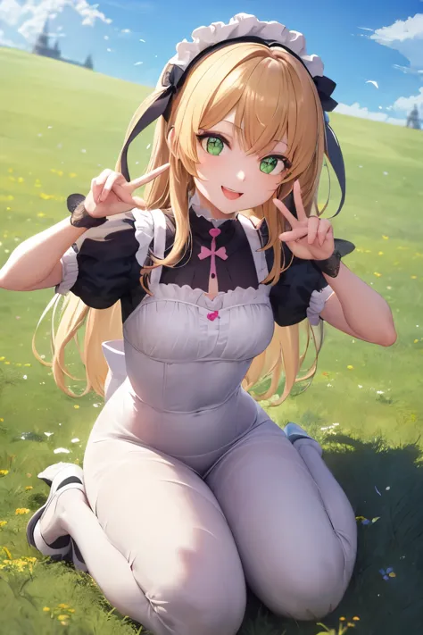 top-quality、​8K Masterpiece、Draw the face in detail、1 childish girl、Lolita costume、Full body、kawaii pose、professional lighting、Happy expression、Shiny hair、perfect anatomy、In a green meadow