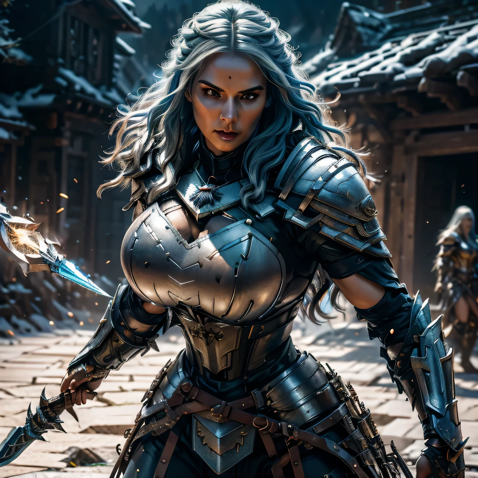 8K,asgard female warrior with very big breasts,Super beautiful(like the real thing),black very large chest armor,realistic skin,luxury black pants,Has a large, long black spear,sexy,muscular slim body,ripped abs,black shoulder armor,black waist armor,black leg armor,desert, rich colors, Backlight, cinematic lighting, film grain, RAW, 50mm lens,nikon　D850,ultra high resolution,Super realistic,goddess,battle scene,action scene,action pose,shine a light on the face, long wavy blue hair, the Witcher, the Witcher armor, yennefer