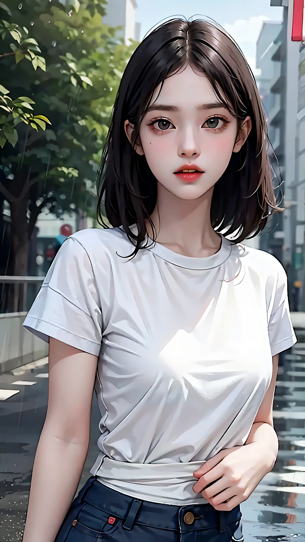 Beautiful girl with realistic black eyes, pale skin, medium length black hair, perfect face, perfect eyes, (Short black hot pants), (((Tight white t-shirt))), very detailed, comprehensive movie, digital painting, 8K, cinematic lighting, highest quality, High resolution, well done!, Post-processing, perfect result, surreal，(((revealing clothes)))，big breasts,(rain), wet,(NSFW:0.8)