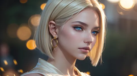 Ultra realistic, 16k, high quality, 1 girl, short blonde hair, shoulder-length blonde/silver hair that spreads across her left t...