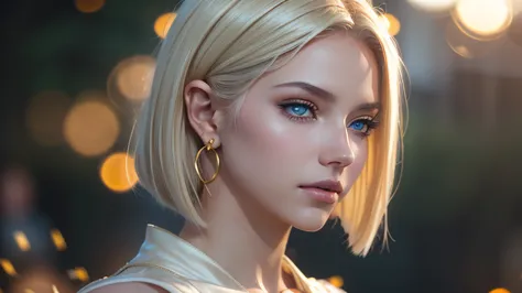 ultra realistic, 16k, high quality, 1 girl, short blonde hair, shoulder-length blonde/silver hair that spreads across her left t...