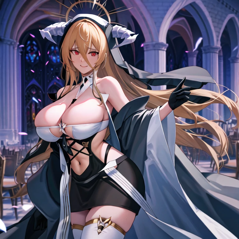 The tip for using stable diffusion to produce high-quality images is: "1 girl, Bangs, bare shoulders, between breasts, black skirt, (black gloves), blond hair, bra curtain, tear, Open your mouth wide, cover navel, accustomed, hair between eyes, halo, trumpet, huge breasts, indomitable (Azure Lane), long sleeve, looking at the audience, nun, pelvic curtain, Red eyes, Smile, alone, Very long hair, white stockings, in the church, (best quality, 4K, 8K, high resolution, masterpiece:1.2), Super detailed, (actual, photoactual, photo-actual:1.37), portrait, bright colors, studio lighting." Please make sure to follow the formatting requirements, Including the use of appropriate () and [] syntax.