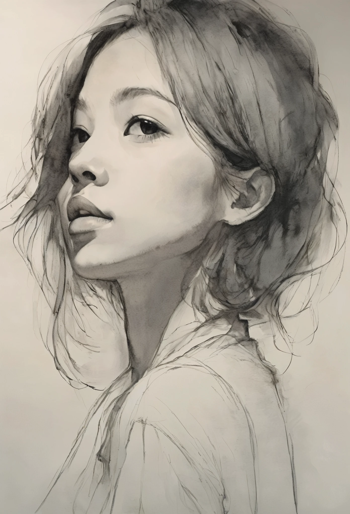 (highest quality, High resolution, masterpiece:1.2), Super detailed, actual:1.37, Black ink sketch, smooth lines, Expressive facial expressions and gestures, simple background, Emphasis on light and shadow and spatial perception, Plenty of negative space, young girl.Ink Portrait,smooth lines,Expressive facial features,Subtle emotions,Ink strength comparison,simple background,Emphasis on light and shadow,wide々It was,Plenty of negative space,peaceful atmosphere,peaceful atmosphere,feels like a dream,Delicate yet fascinating details,pastel colour,Calm and introspective,An elegant gesture,Gentle movements,Calm and innocent,Elegant Whisper,quiet and elegant,shining,sublime beauty,Vector illustration,black and white,Natural and Organic,Nourish、Calming the mind,Sublime simplicity,fantastic charm.